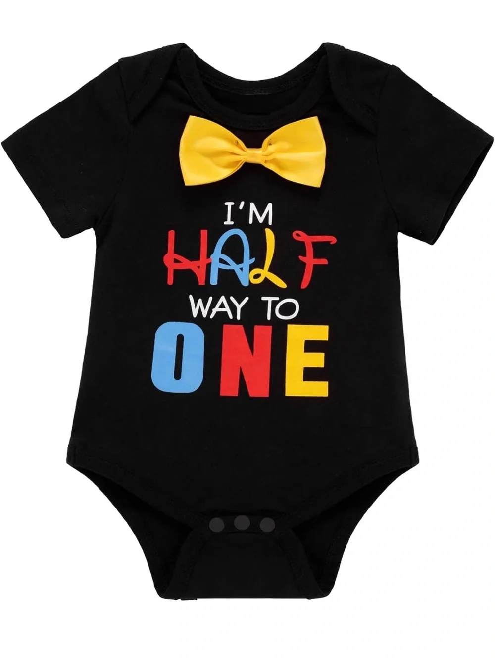 Baby outfit  'I'm Half Way to One' Black Bodysuit with Yellow Bow & Red Bloomers